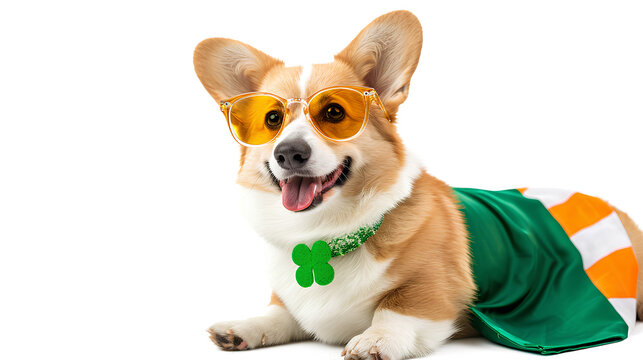 Funny corgi dog in costume, Irish holiday, St. Patrick's Day, glasses, shamrock, flag of Ireland isolated on a white background