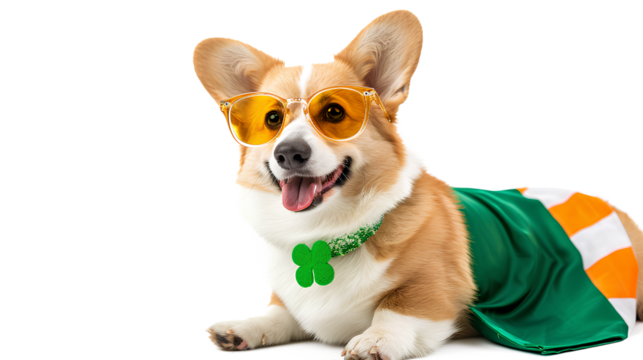 Funny corgi dog in costume, Irish holiday, St. Patrick's Day, glasses, shamrock, flag of Ireland isolated on a white background