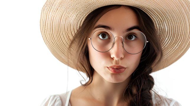 Girl in glasses and a large hat isolated on a white background