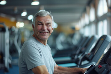 Fototapeta na wymiar An active elderly man engaging in exercise by running on a treadmill