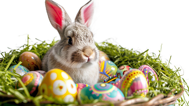 Happy Easter holidays with a rabbit in a lush green basket Easter eggs isolated on a white background