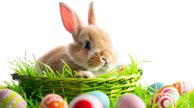 Happy Easter holidays with a rabbit in a lush green basket Easter eggs isolated on a white background
