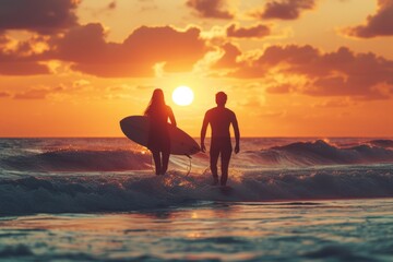 Couple with surfboards at sunset, embodying adventure and tranquility