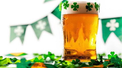 St. Patrick's Day Celebration, beer decorated with Irish flags and shamrocks isolated on a white background