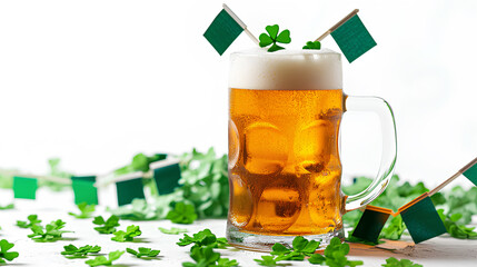 St. Patrick's Day Celebration, beer decorated with Irish flags and shamrocks isolated on a white background