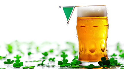 St. Patrick's Day Celebration, beer decorated with Irish flags and shamrocks isolated on a white background