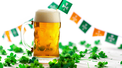 St. Patrick's Day Celebration, beer decorated with Irish flags and shamrocks isolated on a white background