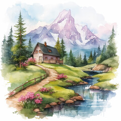 Landscape clipart, mountain house, printable watercolor clipart, high quality PNG, high resolution.