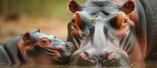 Two terrestrial animals, hippos, are found together in the water. They are known for their wide snouts and powerful jaws.