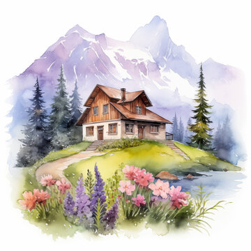 Landscape clipart, mountain house, printable watercolor clipart, high quality PNG, high resolution.