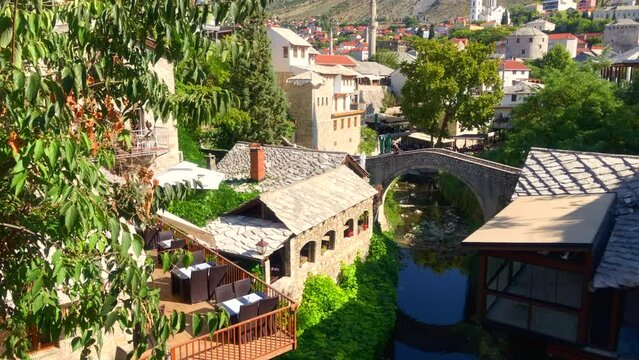 Old stone bridge known as Crooked bridge. Kriva Cuprija. Mostar, Bosnia and Herzegovina. Europe.