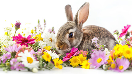 Rabbit surrounded by spring flowers Isolated on a white background
