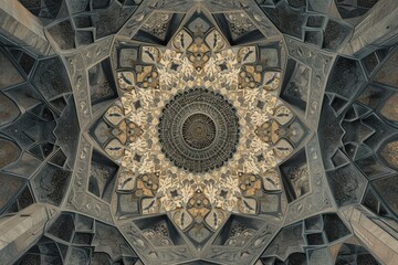 Detailed Islamic ornaments decorate the ceiling of the mosque dome