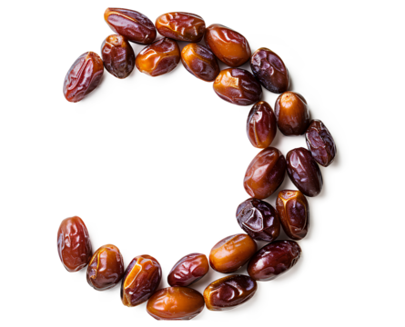 Ramadan Kareem with dates fruits in the shape of a moon isolated on a white background