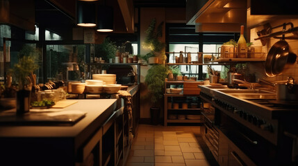 Restaurant kitchen with professional equipment