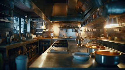 Restaurant kitchen with professional equipment