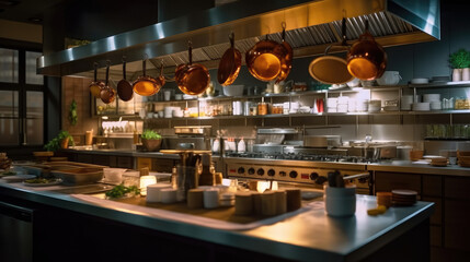 Restaurant kitchen with professional equipment