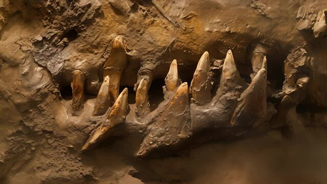 A set of fossilized teeth embedded in a bone suggesting scavenging behavior in a previously unknown carnivorous dinosaur species.