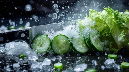 sharp chef knife, iceberg lettuce are cut into slices and floated up