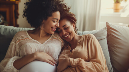 Married happy lesbian couple expecting a baby, pregnant lesbian couple smiling and embracing each other in living room - obrazy, fototapety, plakaty