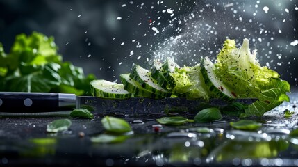 sharp chef knife, iceberg lettuce are cut into slices and floated up - obrazy, fototapety, plakaty