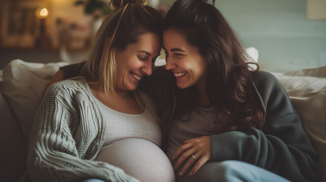 Married happy lesbian couple expecting a baby, pregnant lesbian couple smiling and embracing each other in living room