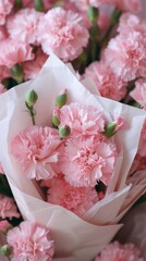 Close up of pink carnations wrapped in white craft paper.  Lovely simple bouquet. 