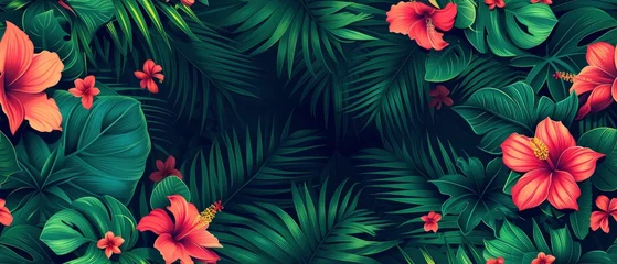 Deurstickers Tropical Floral Seamless Pattern Background, Exotic Flowers, Palm Leaves, Jungle Leaf, Botanical Wallpaper © MdKamrul