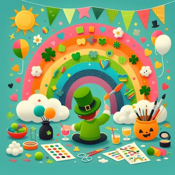 Little boy character celebrate st patrick day by drawing colorful rainbow