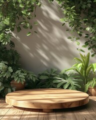 Wooden Product Display Podium with Nature Leaves, Empty Platform for Presentations.