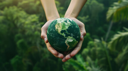 Cradling Earth - Human Hands Holding the World, Hands carefully hold a small globe against a verdant background, symbolizing human stewardship of the Earth.