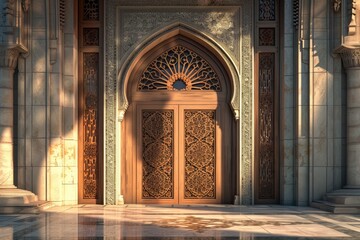 Illustration of a beautiful mosque entrance. The mosque is decorated with Islamic patterns.