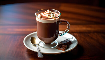 Hot Chocolate. Glass. Table. Drink. Beverage. Warm. Cocoa. Comfort. Winter. Delicious. Indulgence. Cozy. Relaxation. Sweet. Dessert. AI Generated.