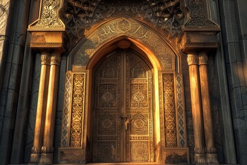 Fototapeta premium Illustration of a beautiful mosque entrance. The mosque is decorated with Islamic patterns.