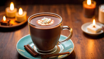 Hot Chocolate. Glass. Table. Drink. Beverage. Warm. Cocoa. Comfort. Winter. Delicious. Indulgence. Cozy. Relaxation. Sweet. Dessert. AI Generated.