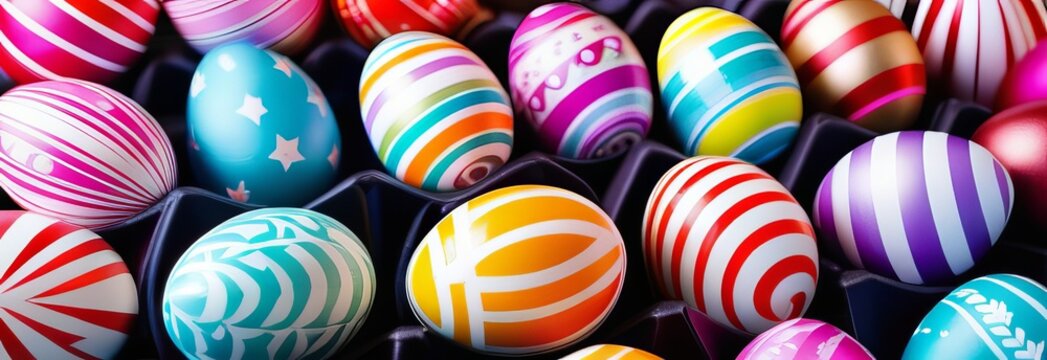 Colorful Easter eggs background. Many decorated Easter eggs as background. Festive tradition. wave lines