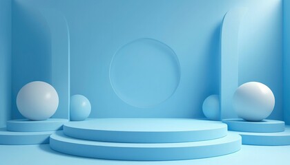 3D Rendering of Podium with Abstract Geometric Design, Featuring Empty Space for Kids or Baby Product Display