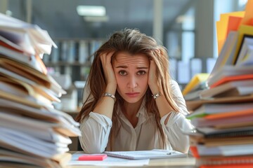Woman overwhelmed in an office filled with folders and pending work