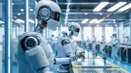 Robots are making new robots on the computerised modern conveyor line. Automation of jobs, AI technology, robot invasion, artificial intelligence over humans, machine learning, AI evolution concept.   - obrazy, fototapety, plakaty