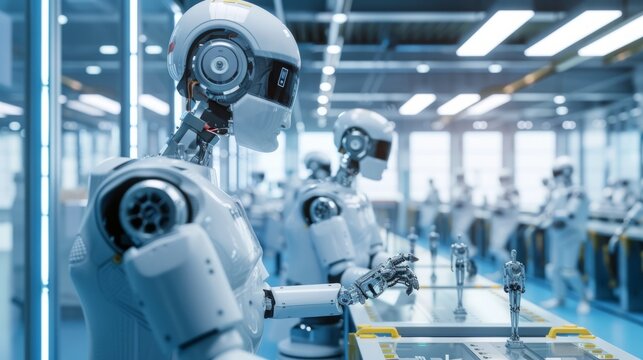 Robots are making new robots on the computerised modern conveyor line. Automation of jobs, AI technology, robot invasion, artificial intelligence over humans, machine learning, AI evolution concept.  