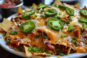 Plate filled with nachos, cheese, and jalapeno peppers