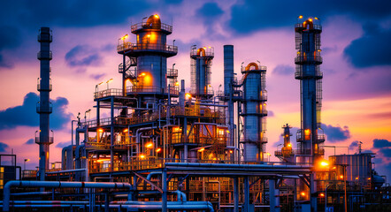 Industrial Night Scene at a Refinery, Symbolizing Energy Production and the Environmental Challenges of Modernization