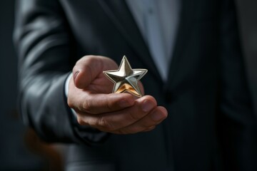 A businessman in a suit holding the fifth star. Achieving the fifth star. Concept of hotel and restaurant ratings, evaluations by critics and visitors - obrazy, fototapety, plakaty