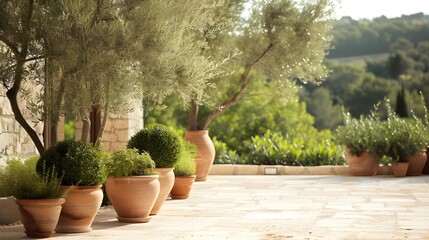 Sunny Mediterranean terrace lined with terracotta pots of lush green olive trees and shrubs, offering a peaceful outdoor retreat. - obrazy, fototapety, plakaty