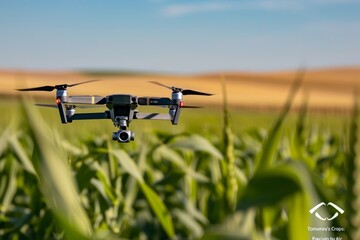 Flying drone/quad copter over a cultivated fields. Agriculture, farming, technology concept. 