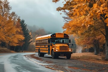 Obraz premium A school bus on the road in the morning