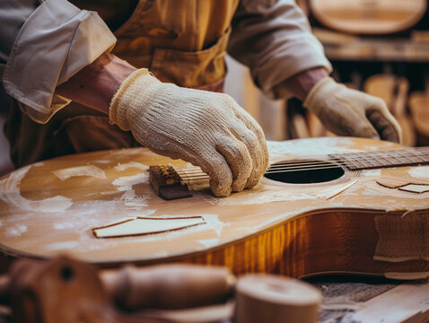 Guitar maker repairing a guitar, focus on hands working, close-up