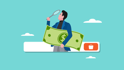funds allocation for business needs, business financial management, shopping for production needs, businessman looking with magnifying glass while carrying banknotes concept vector illustration