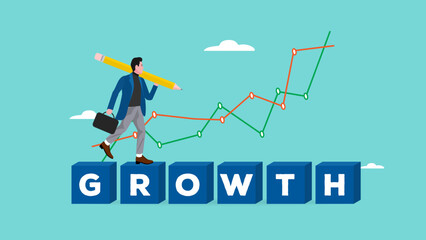professional businessman walking on the growth box with business growth graph, business growth process with creative strategy, business and financial grow concept vector illustration with flat style
