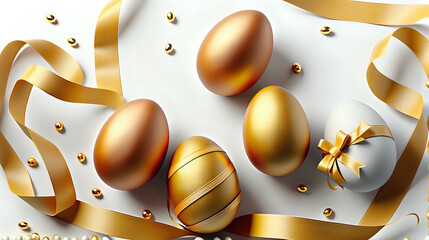gold realistic easter eggs and ribbon frame on yellow background, bright tone, text space, easter concept